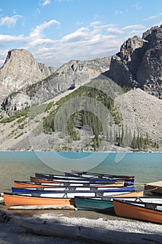 Beautiful view of kayak dock at Lake Moraine in Banff National Park in Alberta