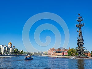 Beautiful view of Krymskaya embankment and Muzeon park of arts in Moscow on a sunny summer day.