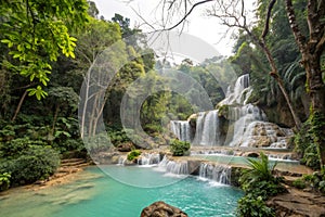 Kuang Si Waterfall in Laos with Turquoise Water photo