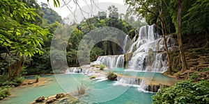 Kuang Si Waterfall in Laos with Turquoise Water photo