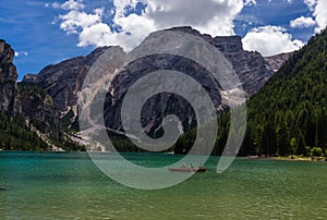 Beautiful view of Lago di Braies Lake or Pragser Wildsee in Dolomite , Italy photo