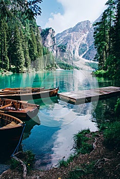 Beautiful view of Lago di Braies or Pragser wildsee, Italy. photo