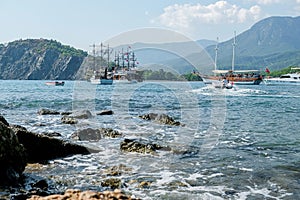 Beautiful view in the lagoon of the old town of Phaselis. view of the mountain tahtali