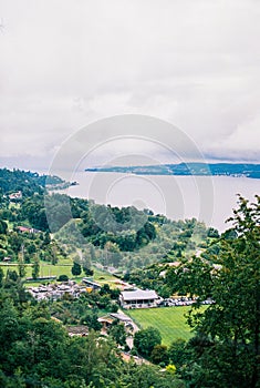 Beautiful view of the lake Constance gleaming under the cloudy blue sky