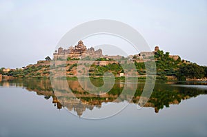 Beautiful view of lake and Datia Palace. Also known as Bir Singh Palace or Bir Singh Dev Palace. Datia. Madhya Pradesh