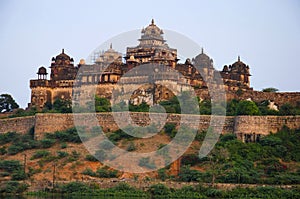 Beautiful view of lake and Datia Palace. Also known as Bir Singh Palace or Bir Singh Dev Palace. Datia. Madhya Pradesh