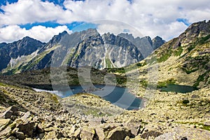 Beautiful view of a lake with the High Tatra Mountains in the background. Slovakia.