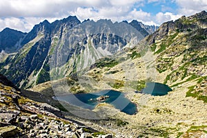 Beautiful view of a lake with the High Tatra Mountains in the background. Slovakia.