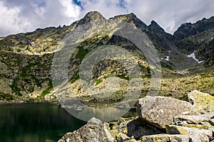 Beautiful view of a lake with the High Tatra Mountains, northern Slovakia.