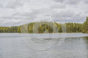 Beautiful view of The Lake Iso-Valkee and forest in autumn, Somero, Finland