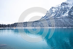 Beautiful view of Lake Louise in winter. Banff National Park, Alberta, Canada.