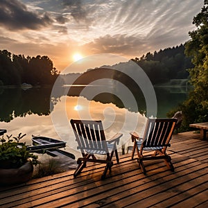 a beautiful view of a lake with rolling hills and forests in the background at sunset with a dock and garden chais