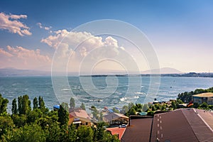 Beautiful view of Lake Sevan from the top of Sevanavank Mountain