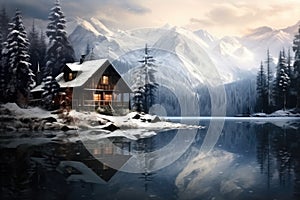 Beautiful view of lake with snow covered and wooden house in rocky mountains and pine forest on winter