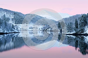 Beautiful view of a lake surrounded by tree-covered snowy mountains under a pink cloudy sky