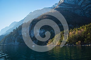 Beautiful view of Lake Walensee, Walen or Lake Walenstadt with Churfirsten mountain range in background. Switzerland, Europe