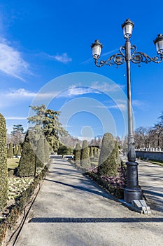 Beautiful view of a lamp with three lanterns between two sidewalks with trees and green vegetation