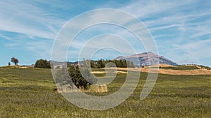 Beautiful view of a landscape with Cerro Mackay mountain and fields near Patagonia, Chile