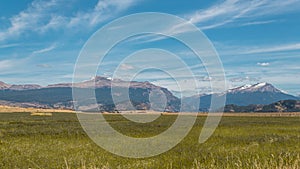 Beautiful view of a landscape with Cerro Mackay mountain and fields near Patagonia, Chile