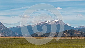 Beautiful view of a landscape with Cerro Mackay mountain and fields near Patagonia, Chile