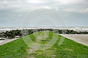 Beautiful view of the landscape with the field and the ocean on the background on a blurry day