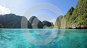 Beautiful view landscape of tropical beach , emerald sea and white sand against blue sky, Maya bay in phi phi island , Thailand