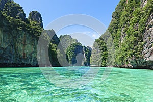 Beautiful view landscape of tropical beach , emerald sea and white sand against blue sky, Maya bay in phi phi island , Thailand