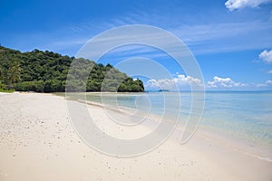 Beautiful view landscape of tropical beach , emerald sea and white sand against blue sky, Maya bay in phi phi island , Thailand