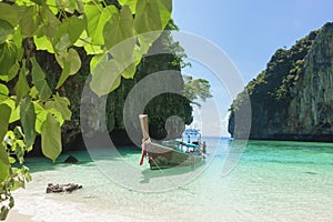 Beautiful view landscape of tropical beach , emerald sea and white sand against blue sky, Maya bay in phi phi island , Thailand