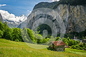 Beautiful view on Lauterbrunnen valley close to Wengen in Switzerland