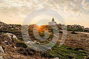 Beautiful view of lighthouse in Capo Testa at sunset, Sardinia