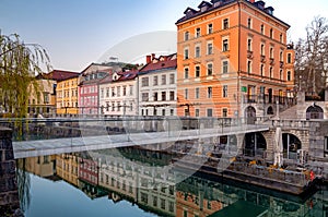 Beautiful view of Ljubljana Fishmarket footbridge and old city center, Ljubljana, Slovenia