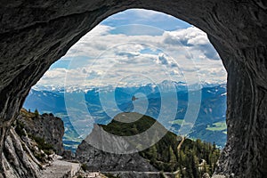 The beautiful view looking out the cave at Eisriesenwelt near Werfen in Austria photo