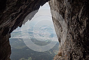 Beautiful view of Lucerne city and forest looking from defile on Pilatus mountain photo