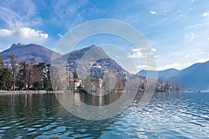 Beautiful view of Lugano lake in March, Switzerland
