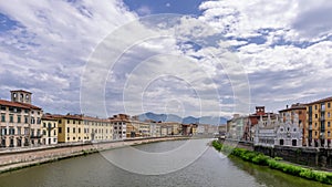 Beautiful view of the Lungarni of Pisa, Italy, of the historic center with the Church of Santa Maria della Spina