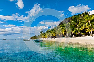 Beautiful view of the luxury beach in Mauritius. Transparent ocean, white sand beach, palms and sky