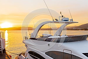 Beautiful view of luxury motoryacht at sunset