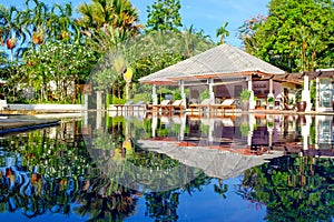 Beautiful view on luxury swimming pool. Chairs, umbrella and palm trees reflected in water