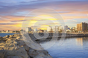 Beautiful view of the main street of Larnaca and Phinikoudes beach in Cyprus