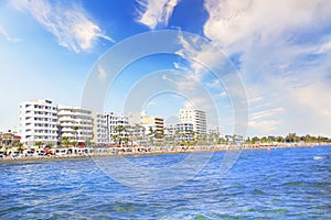 Beautiful view of the main street of Larnaca and Phinikoudes beach in Cyprus