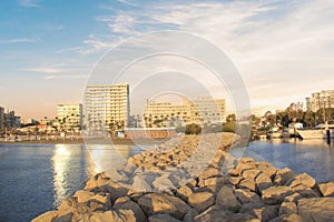 Beautiful view of the main street of Larnaca and Phinikoudes beach in Cyprus