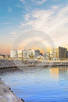 Beautiful view of the main street of Larnaca and Phinikoudes beach in Cyprus