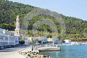 Beautiful view of the majestic Monastery Panormitis in Symi Island in Greece