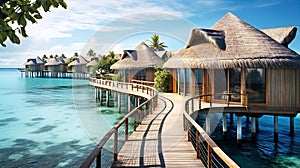 Beautiful view at Maldivas water villas with wooden walkway above the ocean water, connecting bungalows to island photo