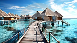 Beautiful view at Maldivas water villas with wooden walkway above the ocean water, connecting bungalows to island photo