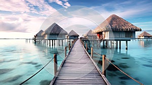 Beautiful view at Maldivas water villas with wooden walkway above the ocean water, connecting bungalows to island photo