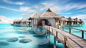 Beautiful view at Maldivas water villas with wooden walkway above the ocean water, connecting bungalows to island photo