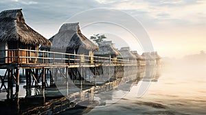 Beautiful view at Maldivas water villas with wooden walkway above the ocean water, connecting bungalows to island photo