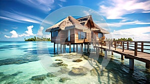 Beautiful view at Maldivas water villas with wooden walkway above the ocean water, connecting bungalows to island photo